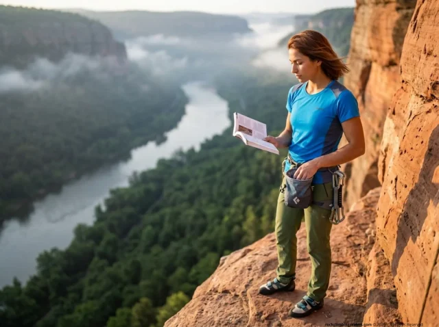 how-to-set-climbing-goals-realistic-plan-outdoor Female climber planning an ascent, showing how to set climbing goals with a realistic plan for outdoor rock climbing.