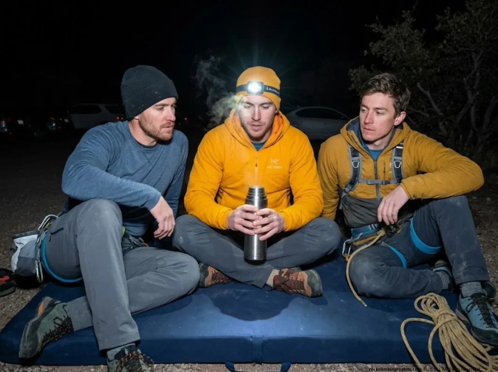 Climbers waiting in the dark at Hueco Tanks gate for walk-in access