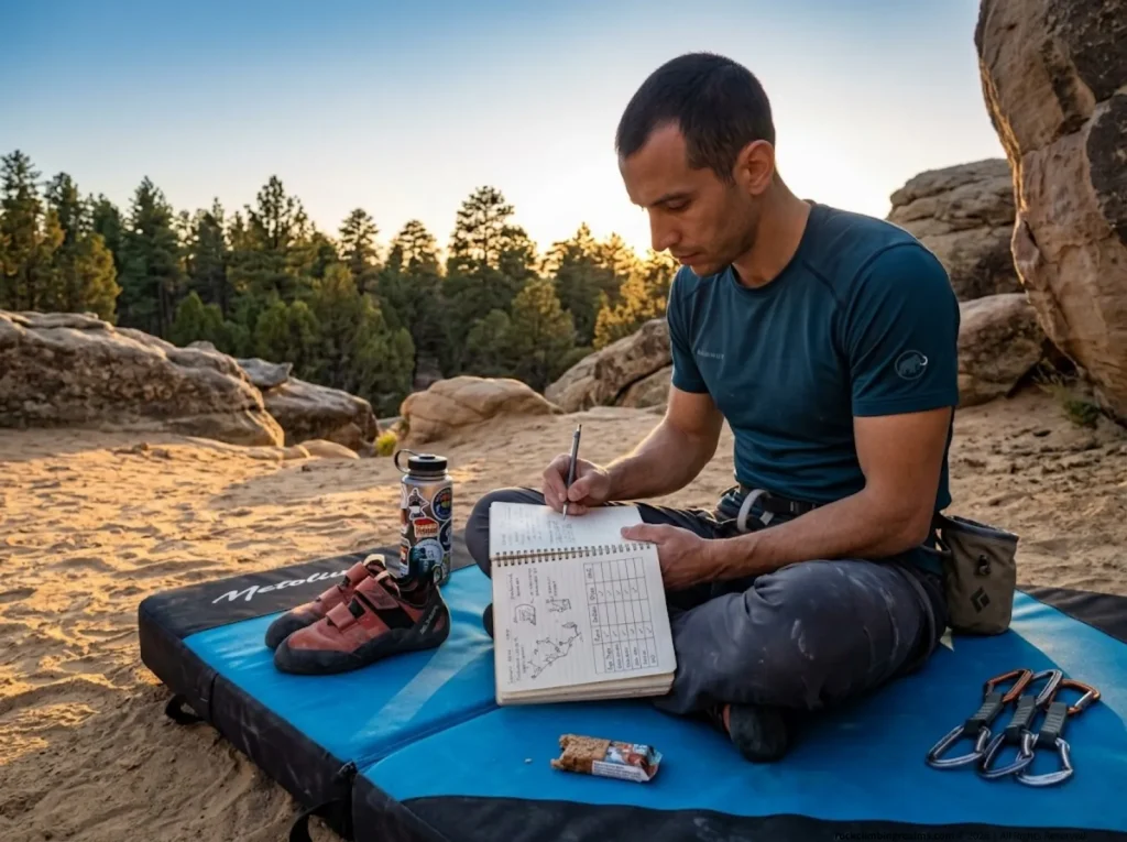 Climber writing hybrid training log on crash pad balancing gym training and outdoor climbing