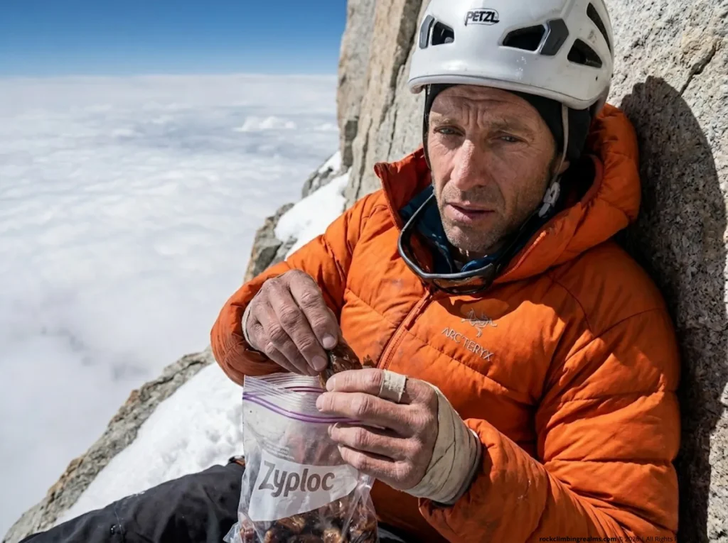 Exhausted climber eating out of a Ziploc bag to combat hypoxic rewiring and mountain anorexia at extreme altitude
