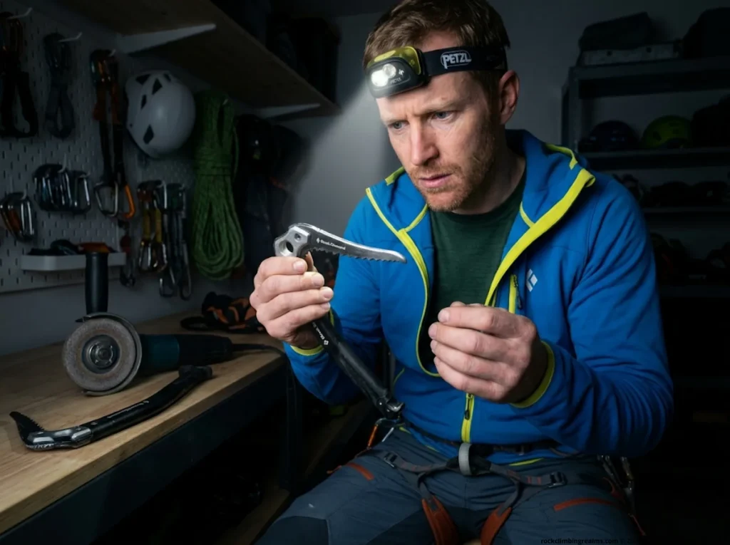 Climber examining over-ground Black Diamond ice pick damaged by angle grinder mistake