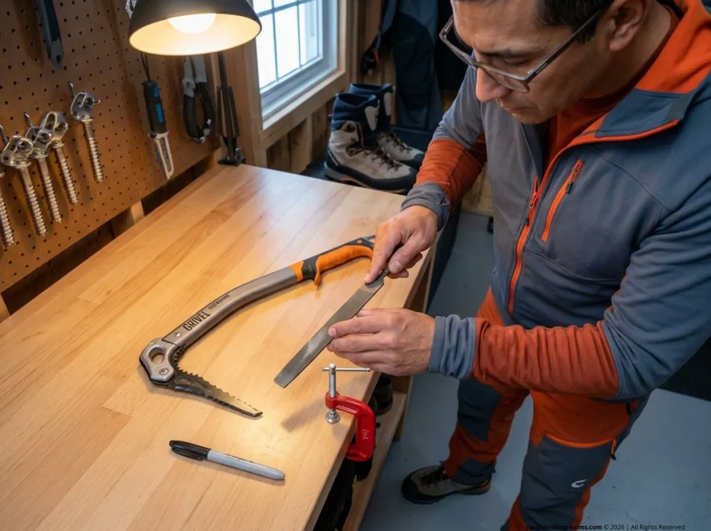 Climber inspecting flat file and Grivel ice pick on workbench before sharpening