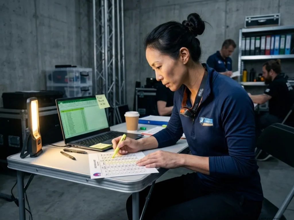 Climbing competition official reviews 2025 IFSC point-based scoring sheets at a staging desk