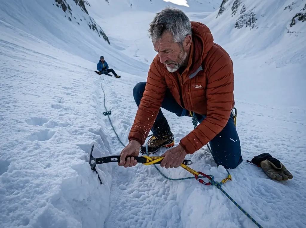 Mountaineer burying ice axe as improvised deadman snow anchor on a glacier slope