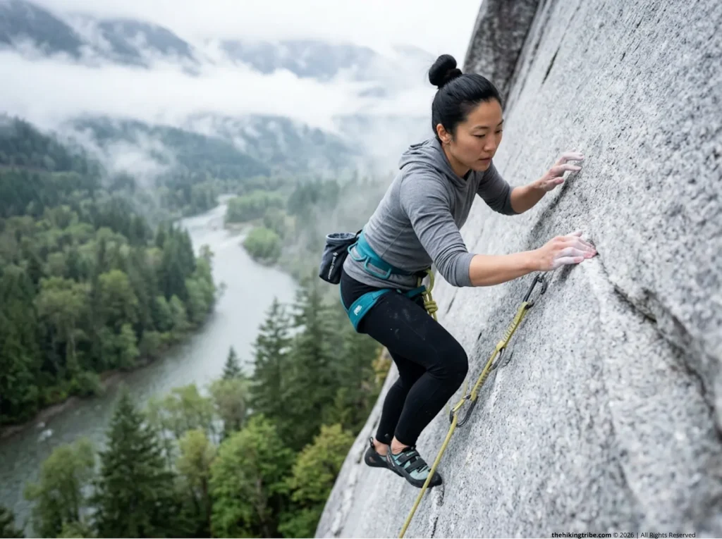Female climber crimping precise edges on fine-grained Index granite near Seattle Washington 