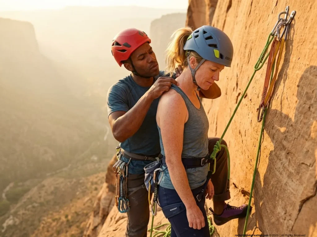 Two climbers performing inter-pitch tick check on each other's neck at hanging belay station