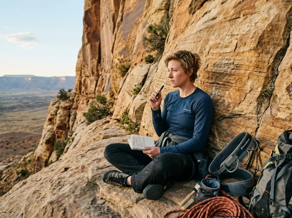 Female climber journaling at base of sandstone crag reflecting on climbing anxiety and intersectional factors including stress and hormones