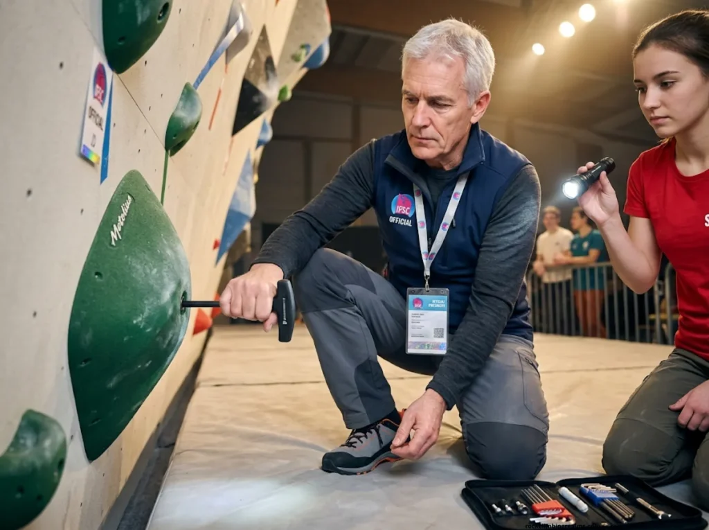Jury President inspects a spinning hold technical incident on competition bouldering wall with hex key