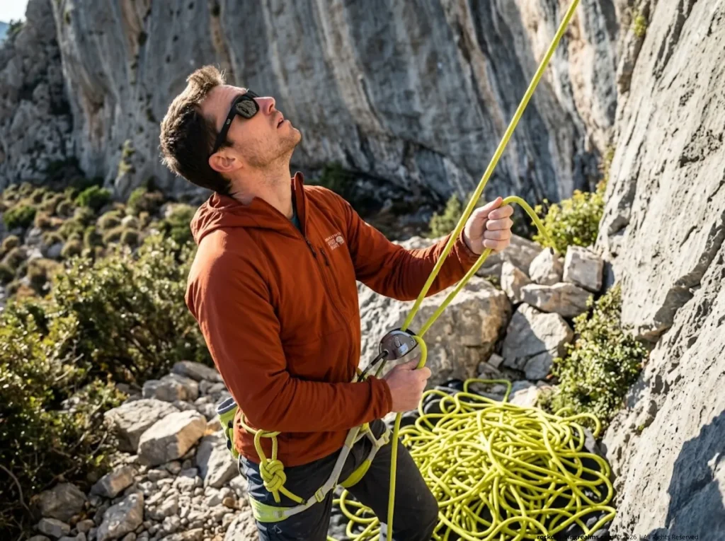 80m rope belay safely covered in Kalymnos Greece sport climbing guide.