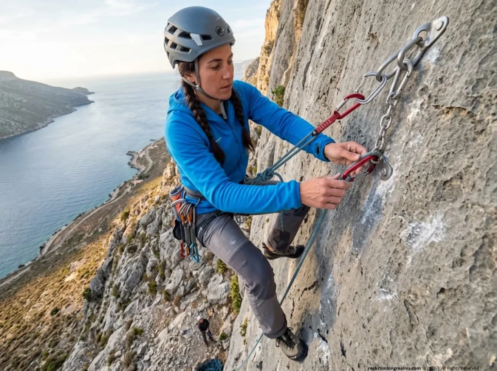 Mussy hook anchor system in our Kalymnos Greece sport climbing guide.