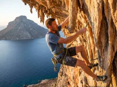 Kalymnos Greece Sport Climbing Guide (Gear & Anchor Beta) Kalymnos Greece sport climbing guide gear beta with climber in Grande Grotta