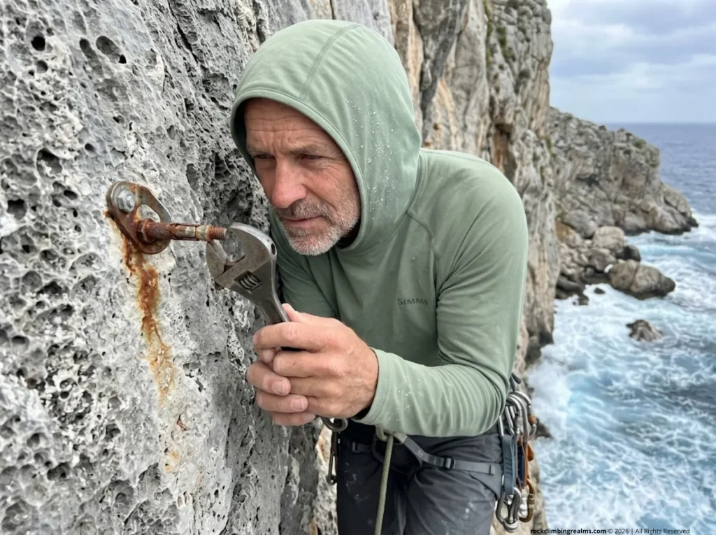 Kalymnos Greece sport climbing guide bolt inspection showing SRB corrosion.