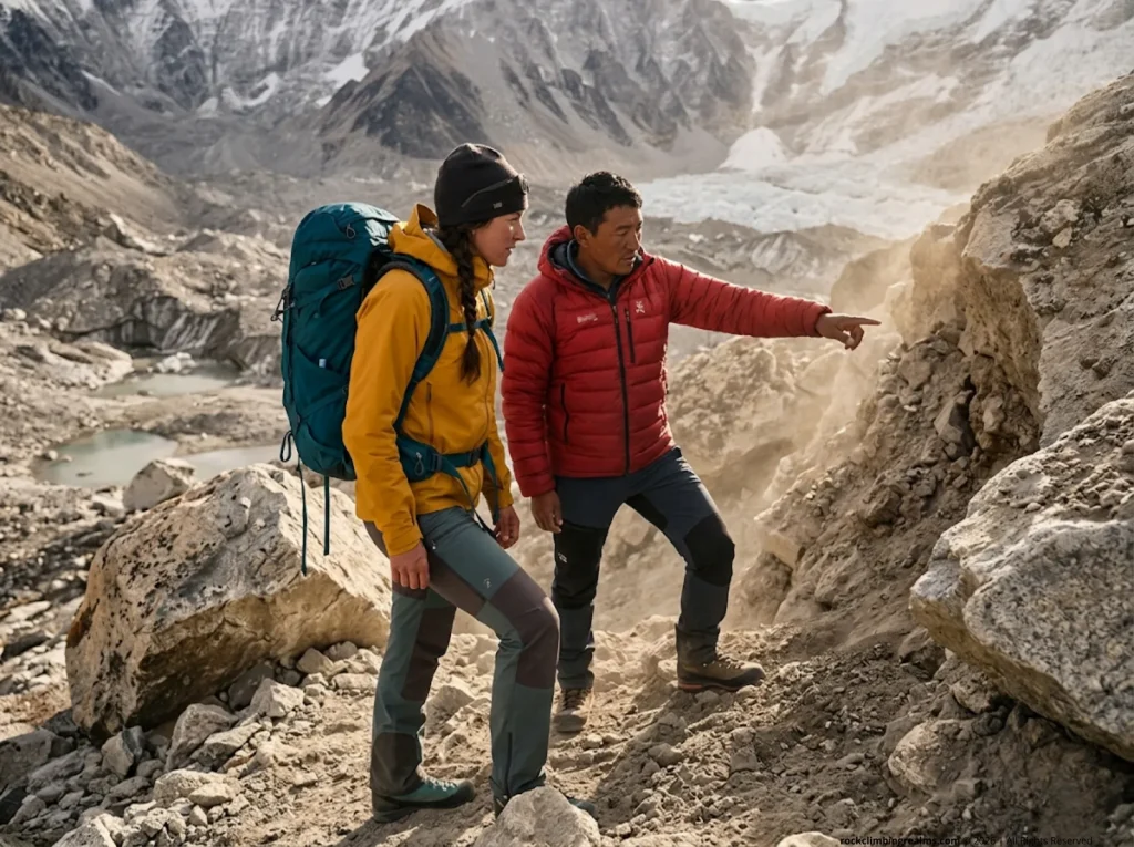 Female climber and guide navigating a rocky glacier approach during an Island peak trekking expedition