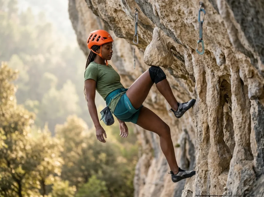 Female climber in hands-free knee bar rest position on overhanging limestone sport route