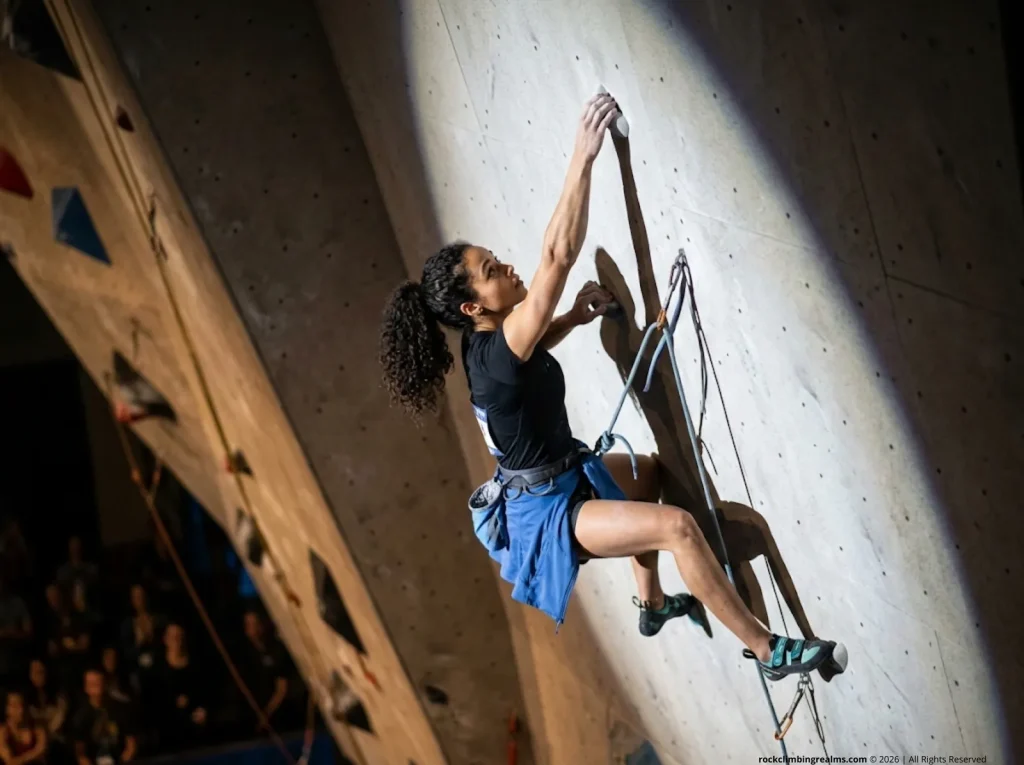 Lead climber extends to next hold in a controlled lunge on tall competition wall headwall section