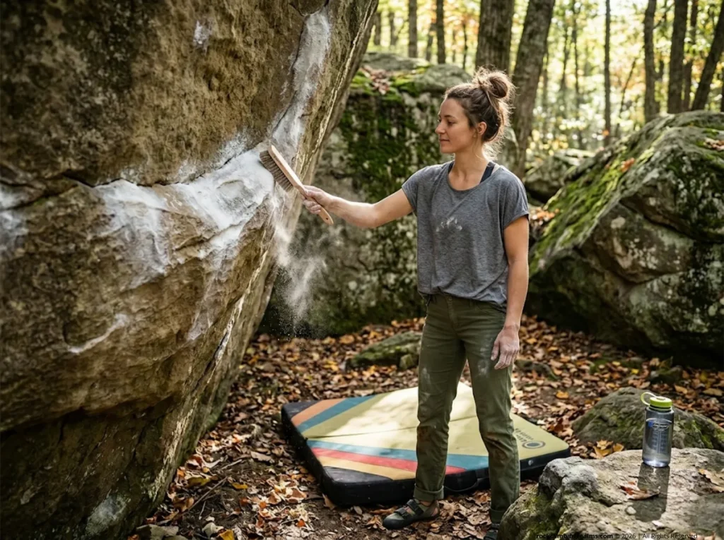 Climber brushing chalk off rocks Leave No Trace 