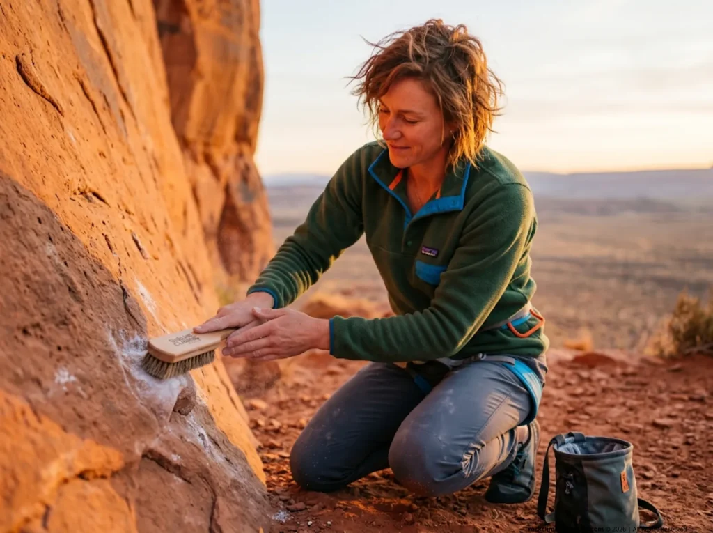 A female climber kneeling at a crag brushing climbing chalk off the sandstone rock to leave no trace
