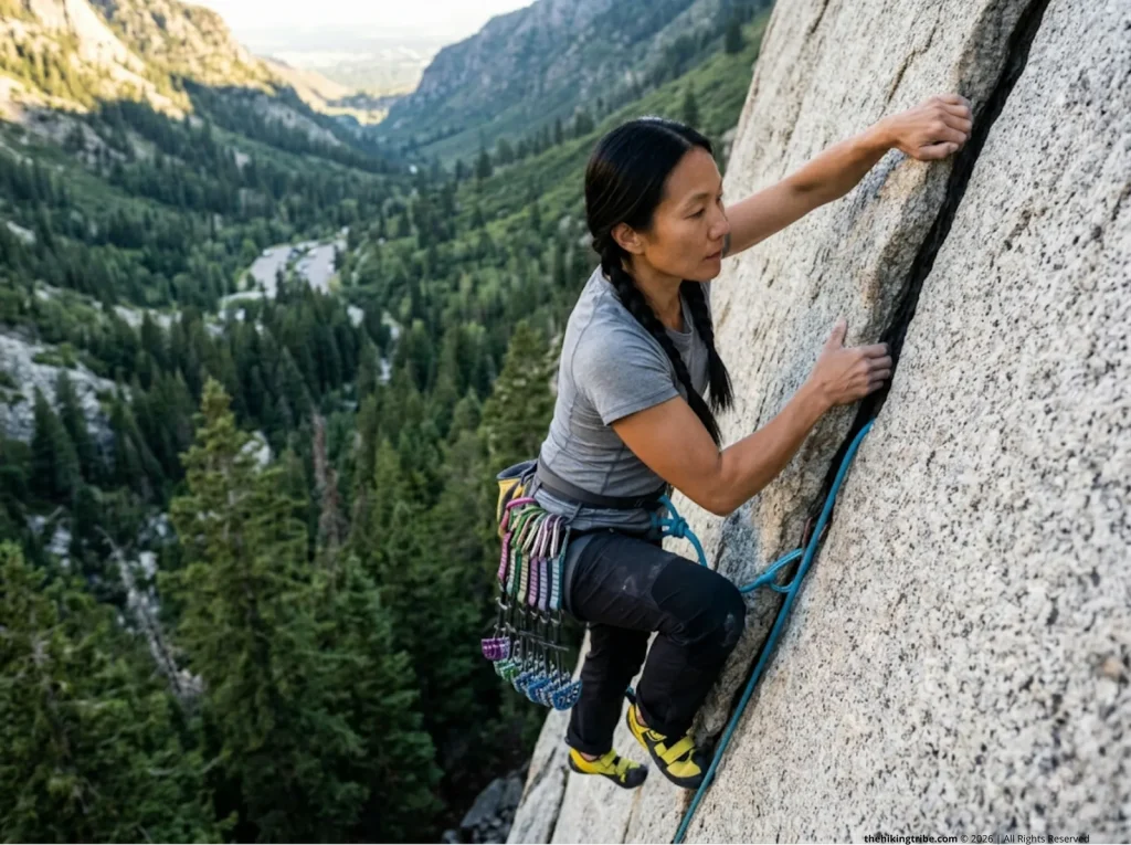 Female climber hand-jamming a granite crack in Little Cottonwood Canyon near Salt Lake City Utah