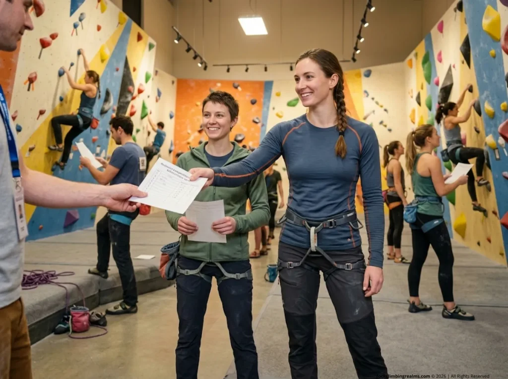 Recreational climber submits her redpoint scorecard to a roving competition judge at a local gym climbing event