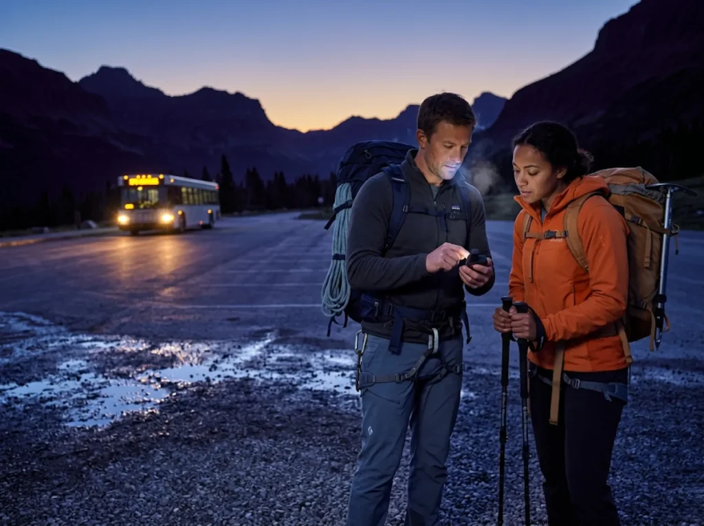 Two climbers reviewing offline map at Logan Pass at dawn, preparing for Glacier National Park alpine route
