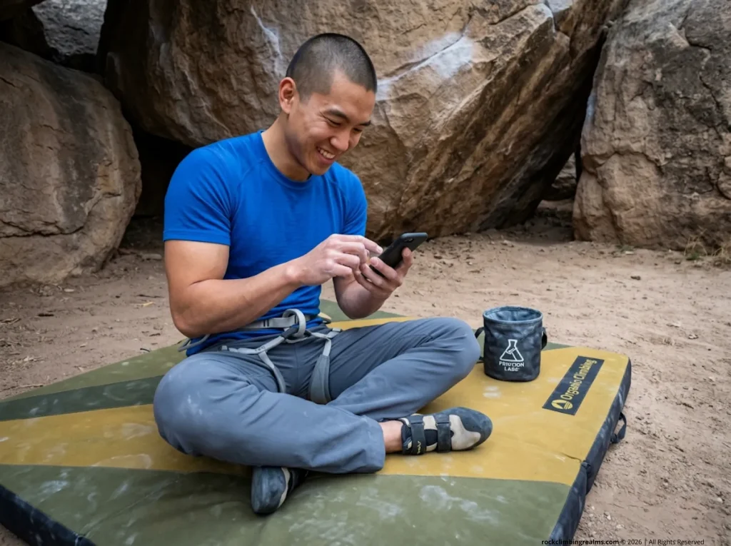 Boulderer resting on a crash pad logging his recent ascent in a climbing app.