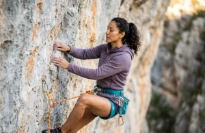 How to Manage Fear When Climbing With Anxiety Woman rock climber pausing mid-route on limestone wall, eyes closed, performing breathing reset to manage climbing anxietyWoman rock climber pausing mid-route on limestone wall, eyes closed, performing breathing reset to manage climbing anxiety