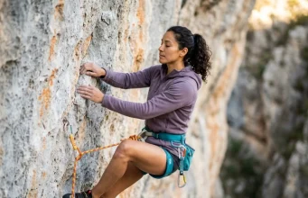 How to Manage Fear When Climbing With Anxiety Woman rock climber pausing mid-route on limestone wall, eyes closed, performing breathing reset to manage climbing anxietyWoman rock climber pausing mid-route on limestone wall, eyes closed, performing breathing reset to manage climbing anxiety