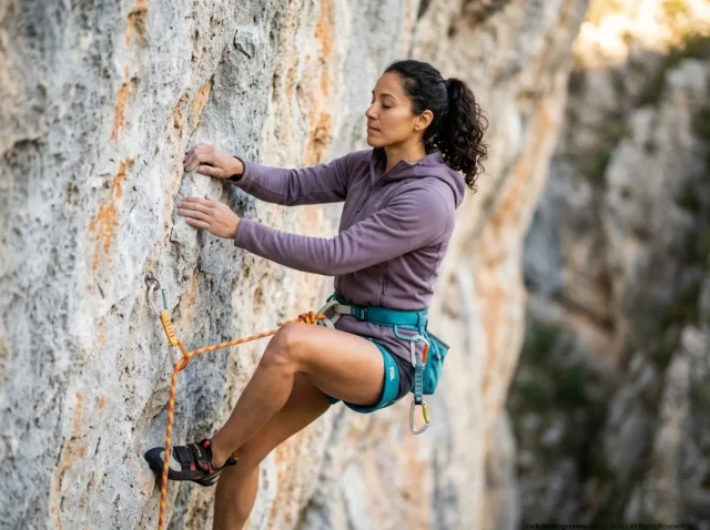 manage-fear-climbing-with-anxiety-hero Woman rock climber pausing mid-route on limestone wall, eyes closed, performing breathing reset to manage climbing anxietyWoman rock climber pausing mid-route on limestone wall, eyes closed, performing breathing reset to manage climbing anxiety