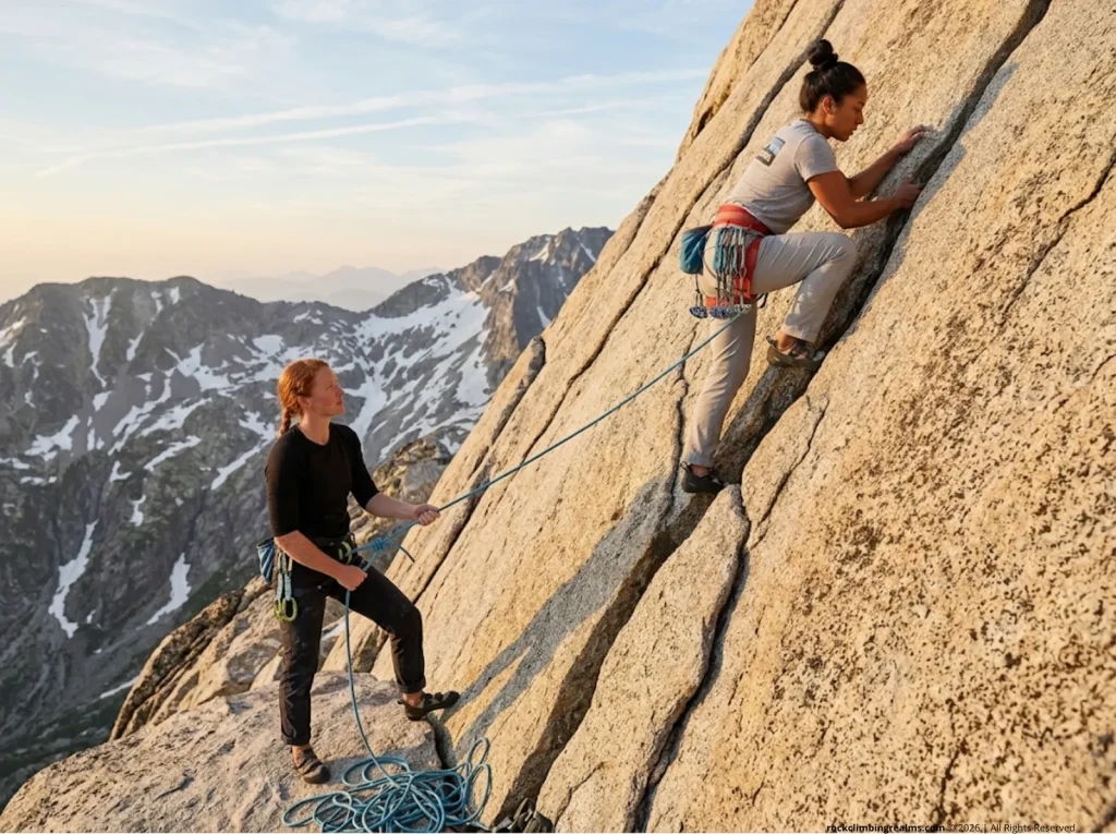 Two female climbers on an alpine crack route with Petzl and Blue Ice gear, embodying autonomous all-female climbing