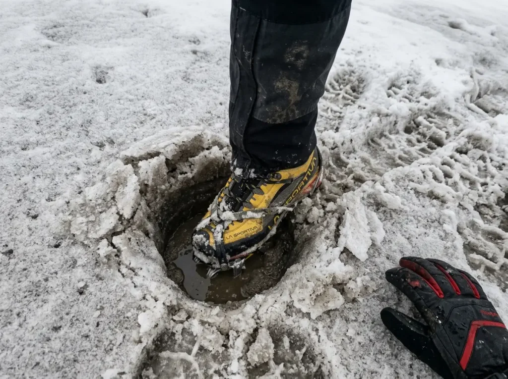 Close-up of a mountaineering boot postholing through soft afternoon mashed-potato snow
