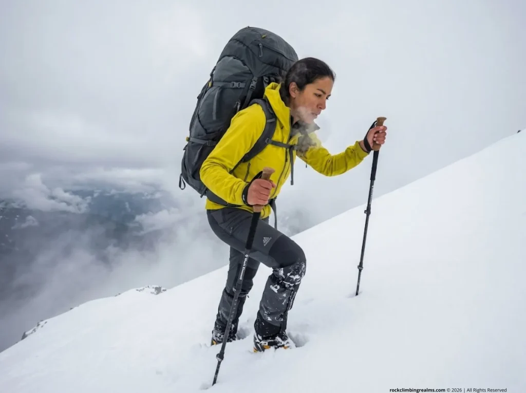 Mountaineer hauling a heavy Gregory pack uphill demonstrating metabolic load carriage in deep snow