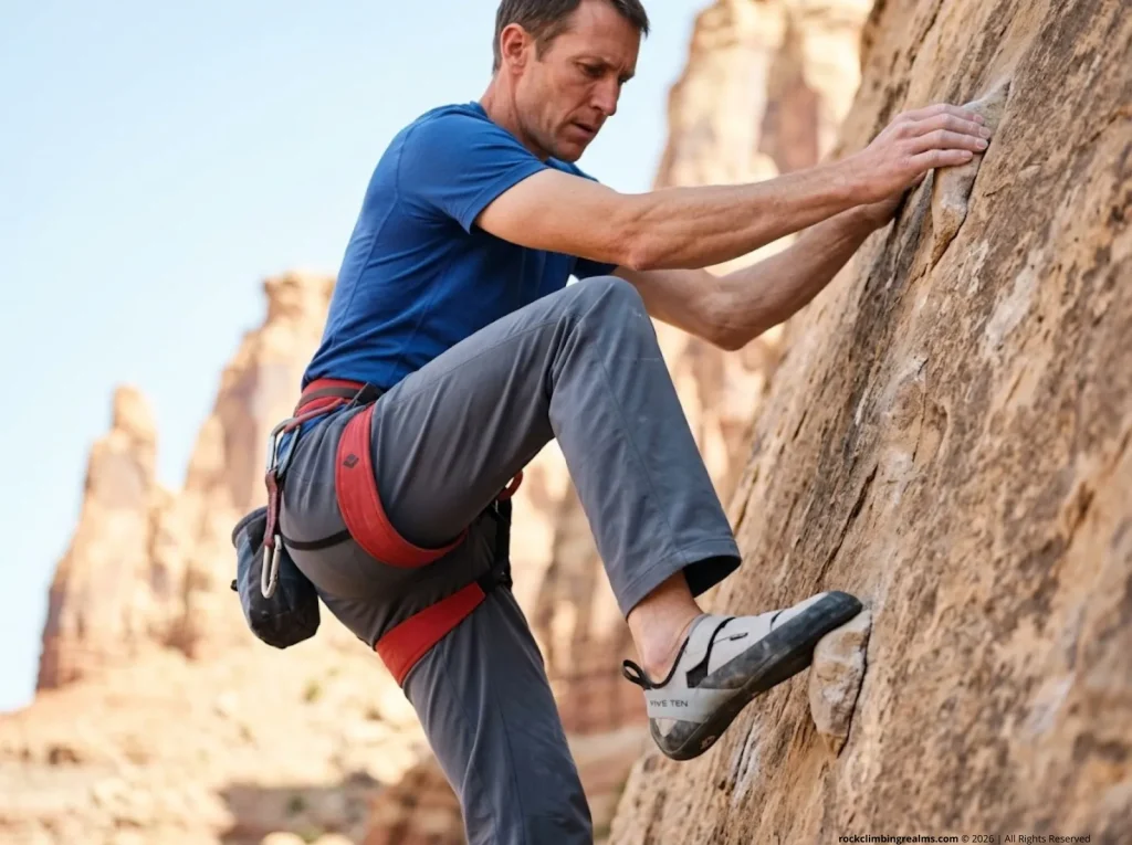 Climber's climbing shoe rubber pressing onto sandstone foothold showing mechanical friction wear on rock surface