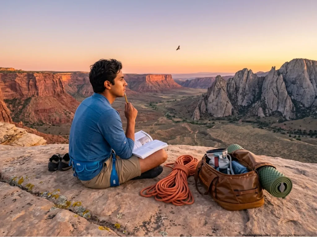 Climber reviewing a guidebook at a cliff overlook while deciding where to climb near major US cities 