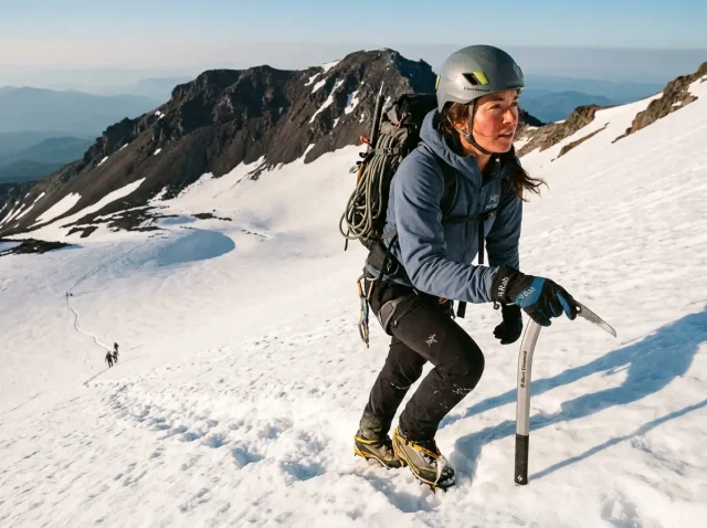 mount-shasta-avalanche-gulch-dawn-climb Climber kicking steps up firm snow on Mount Shasta's Avalanche Gulch at dawn with ice axe
