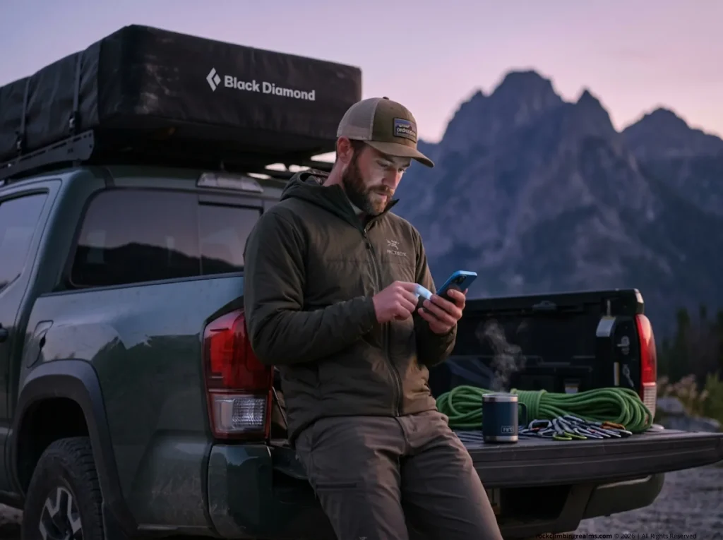 A climber leaning against a truck at dawn looking at a climbing app on his smartphone