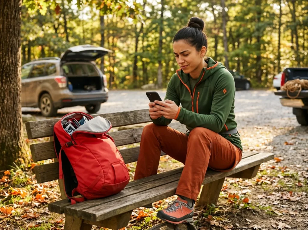 Female climber researching climbing partners on Mountain Project at a Red River Gorge trailhead
