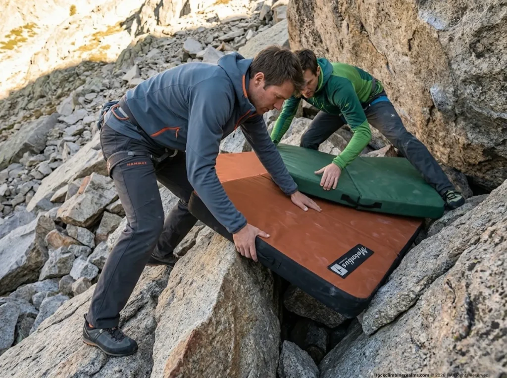 Climbers setting up a multi-pad landing zone over dangerous rocks