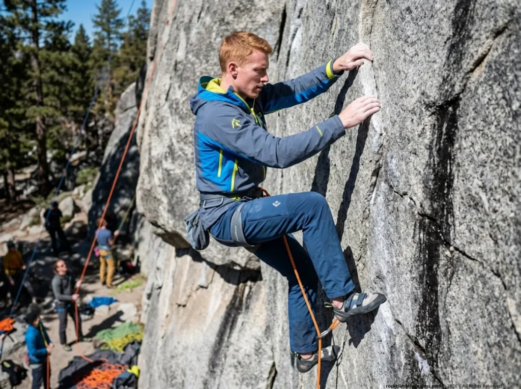 Male climber with Elvis leg on granite sport route showing physical symptoms of climbing anxiety and fear on the wall