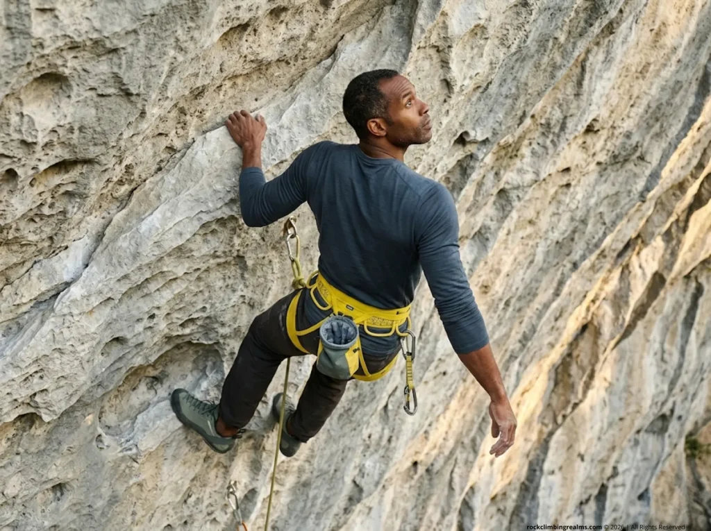 Male climber performing deliberate shake-out on overhanging limestone sport route as on-wall anxiety management tactic while clipped to a bolt