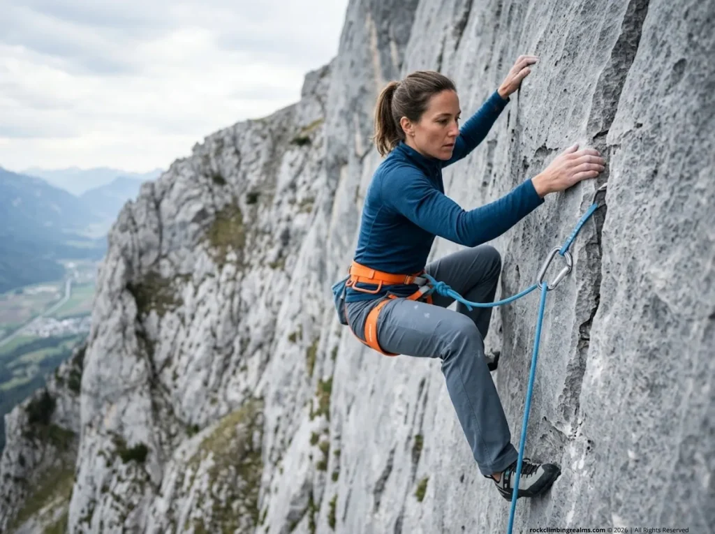 A female rock climber straining to grip a limestone rock face high above the ground on a lead climb