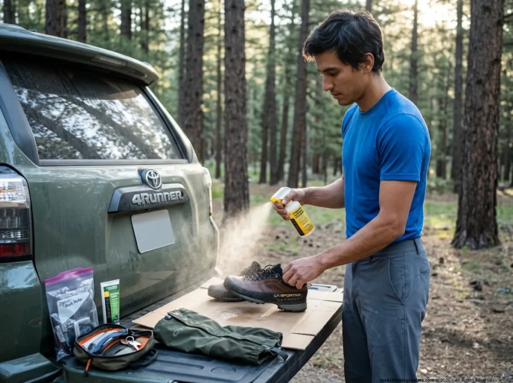 Climber applies Sawyer Permethrin spray to approach shoes before climbing season tick prevention