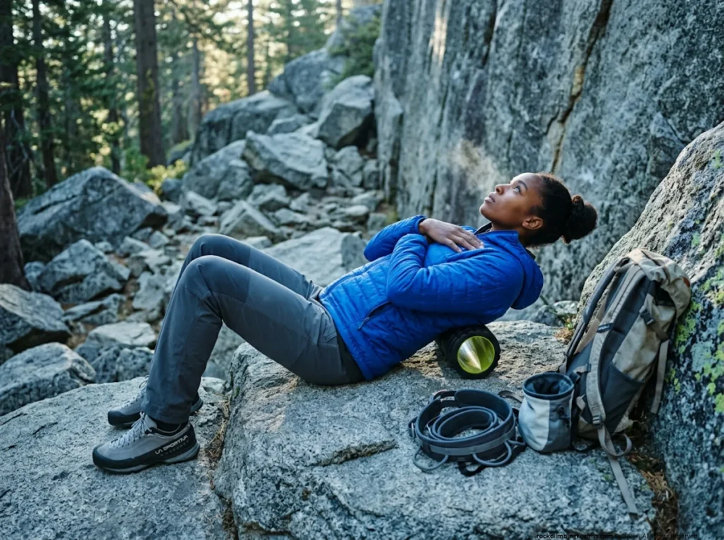 Female climber performing foam roller thoracic extension at crag for scapular mobility warm-up