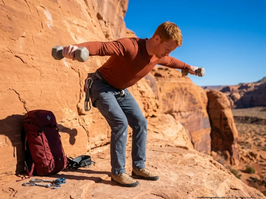 Male climber performing bent-over scapular stability exercises with dumbbells at desert crag