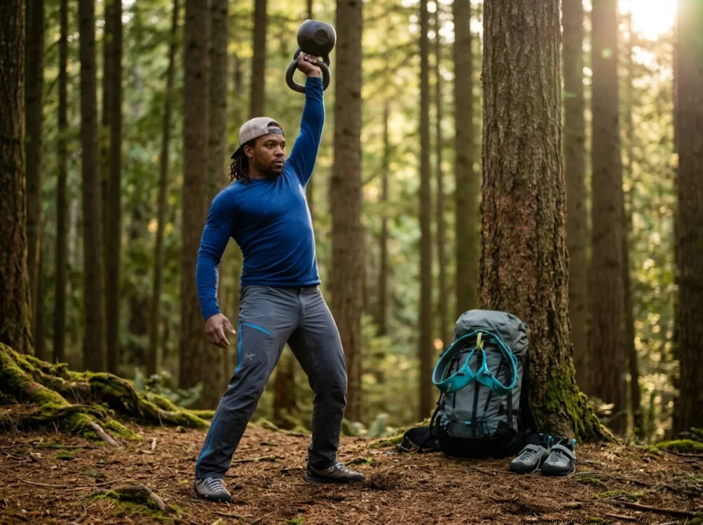 Strong male climber pressing a bottoms-up kettlebell overhead at forest crag camp for shoulder stability