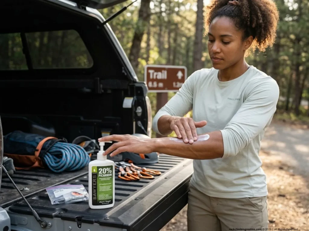 Climber applying Sawyer Picaridin insect repellent to arms before crag approach