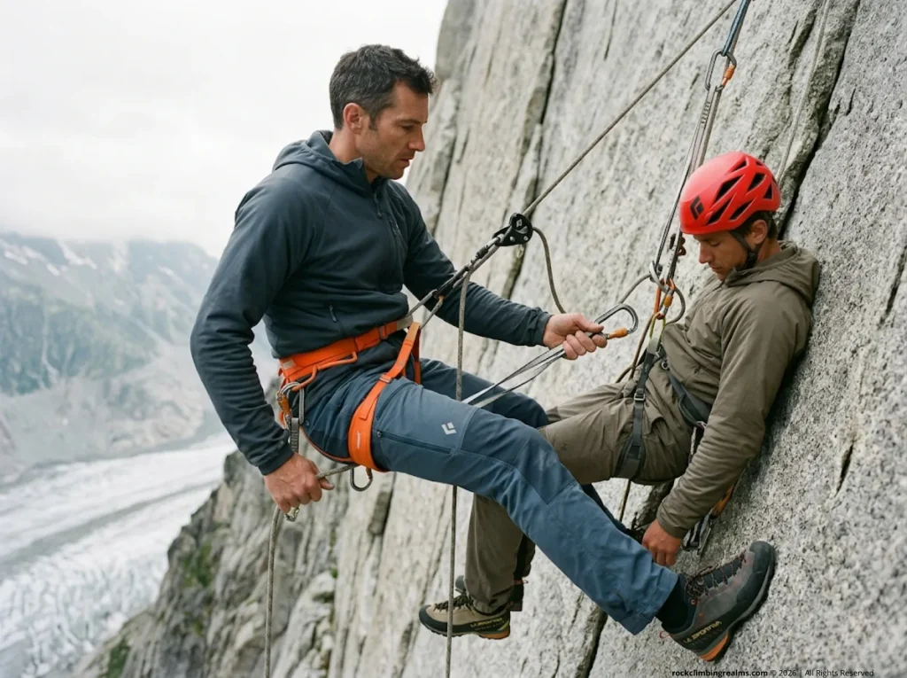 Rescuer clipping tether to incapacitated partner during pick-off phase of tandem rappel rescue