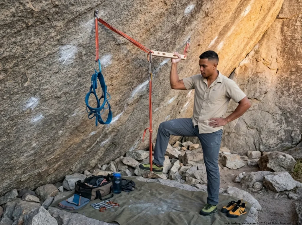Climber using portable hangboard with sling for warm-up at hard sport crag