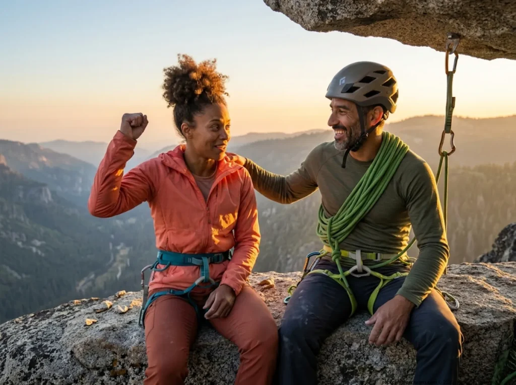 Two climbers celebrating at the top of a sport route experiencing a successful anxiety management milestone rather than just a grade send