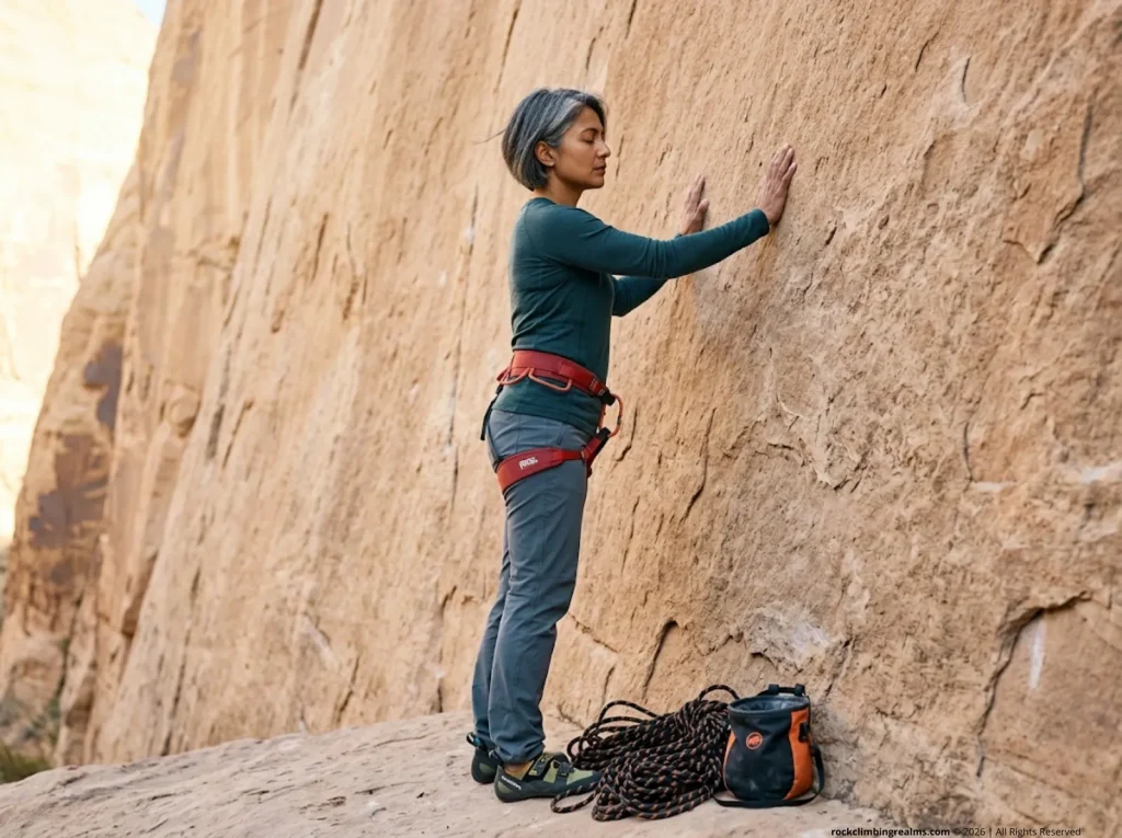 Female climber performing breathing reset at base of sandstone cliff as pre-climb fear management protocol before a sport route
