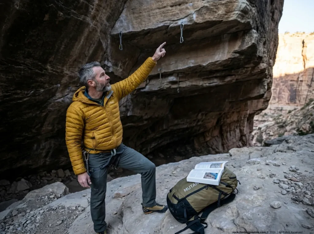 Climber analyzing routes at the Prophecy Wall crag